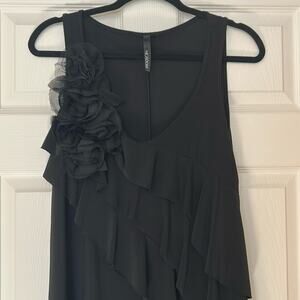 Nic & Dom Black Ruffle Rosette Dress L Sleeveless Knit Cocktail Party